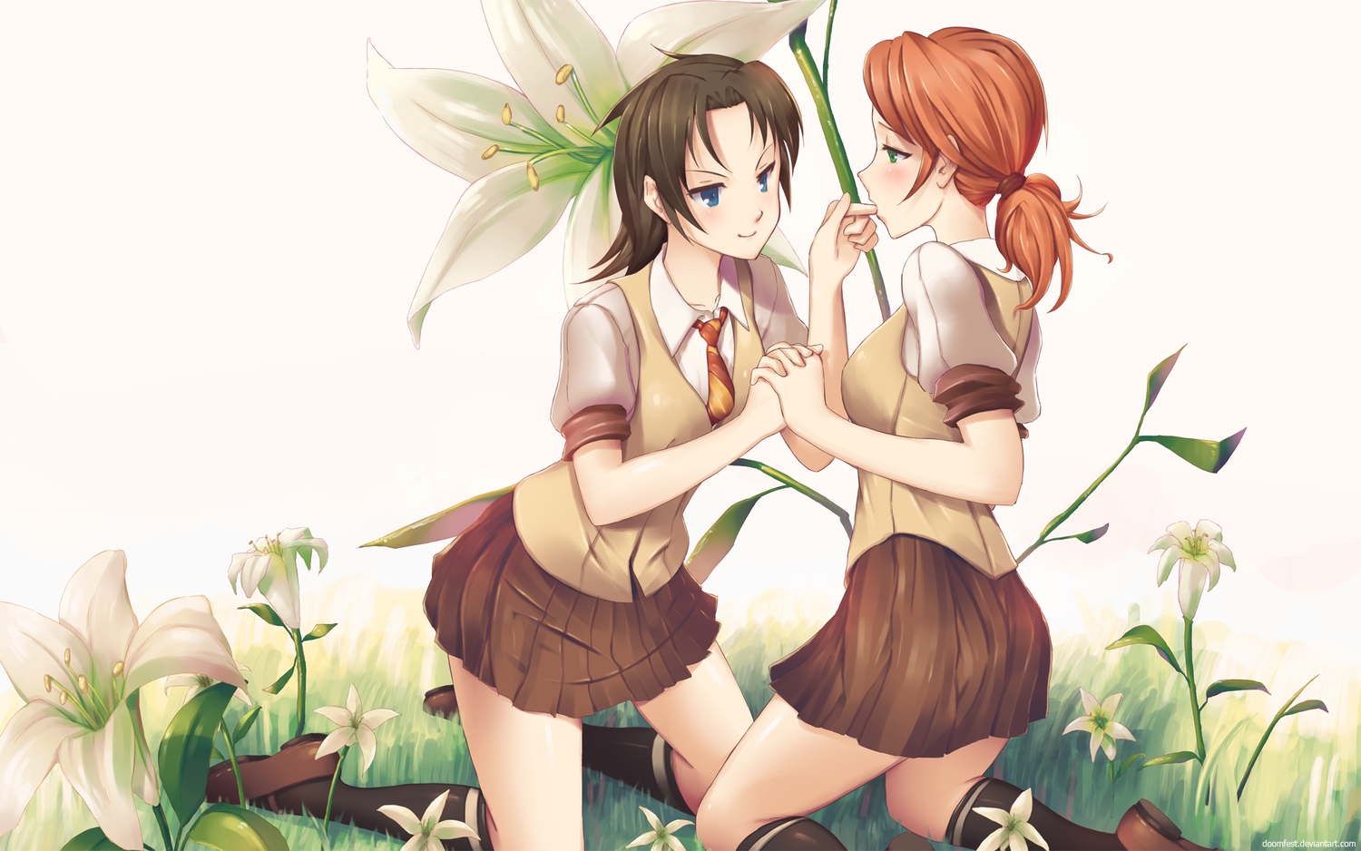 2girls, blush, doomfest, final_fantasy, final_fantasy_xiii, flowers, grass, kneehighs, oerba_dia_vanille, oerba_yun_fang, orange_hair, ponytail, school_uniform, shoujo_ai