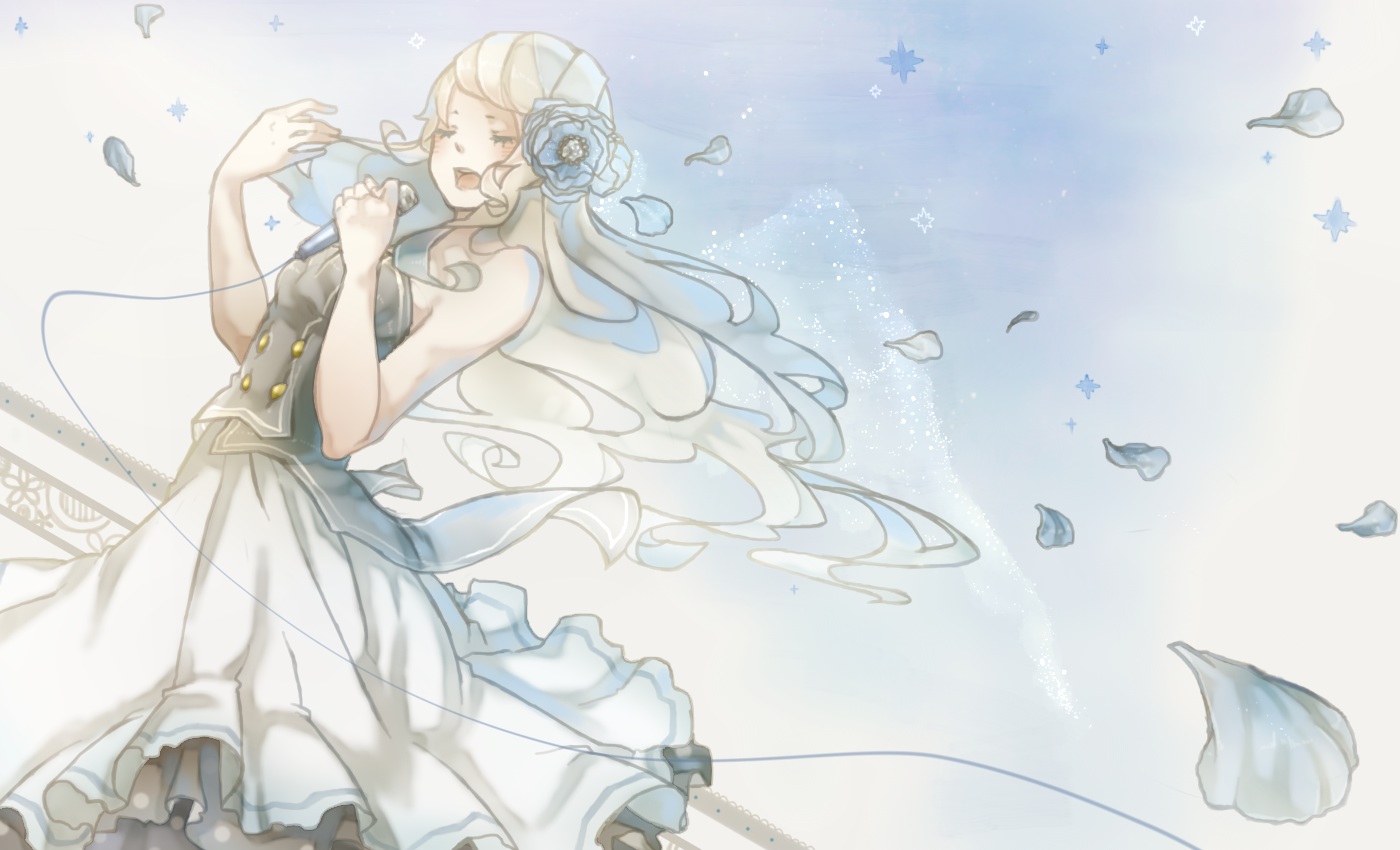 dress, flowers, long_hair, macross, macross_frontier, microphone, mizutame_tori, petals