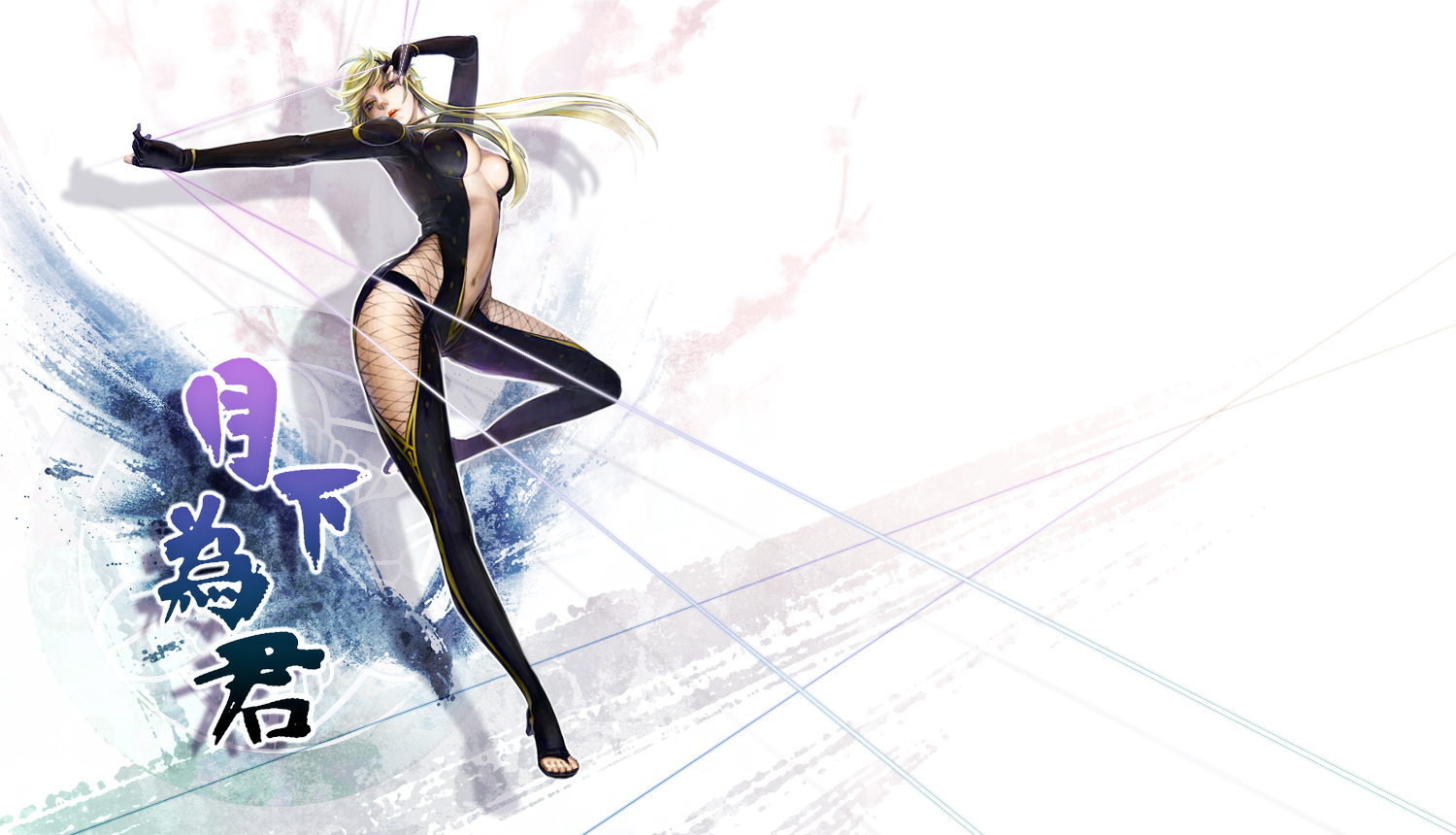 armor, blonde_hair, bodysuit, breasts, kasuga_(sengoku_basara), namakura_shiki, ninja, sengoku_basara, skintight, weapon, yellow_eyes