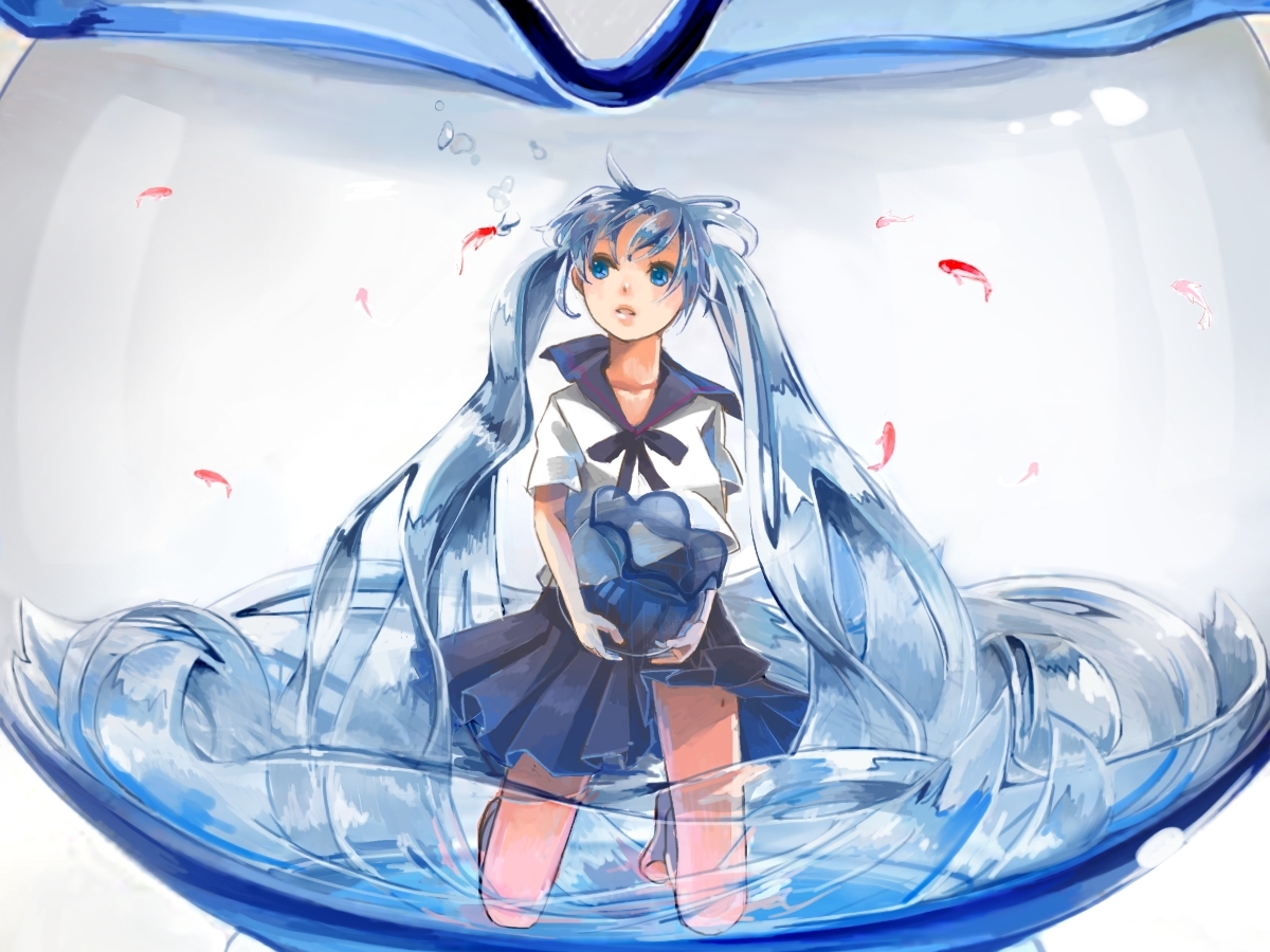 animal, bottle_miku, fish, hatsune_miku, kankaru_(hnaho), vocaloid