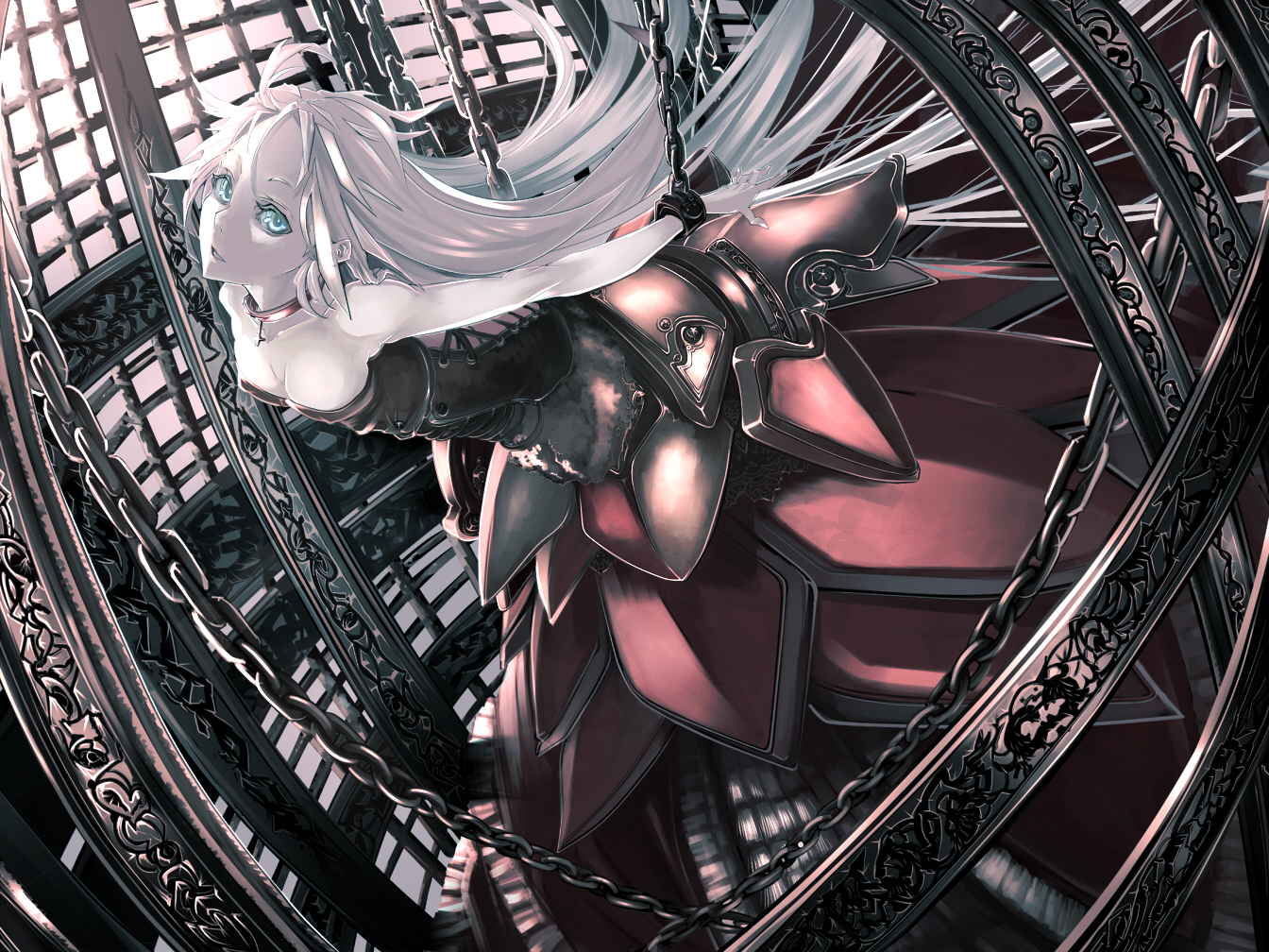 aguhari, armor, bondage, breasts, chain, cleavage, collar, dress, long_hair, original