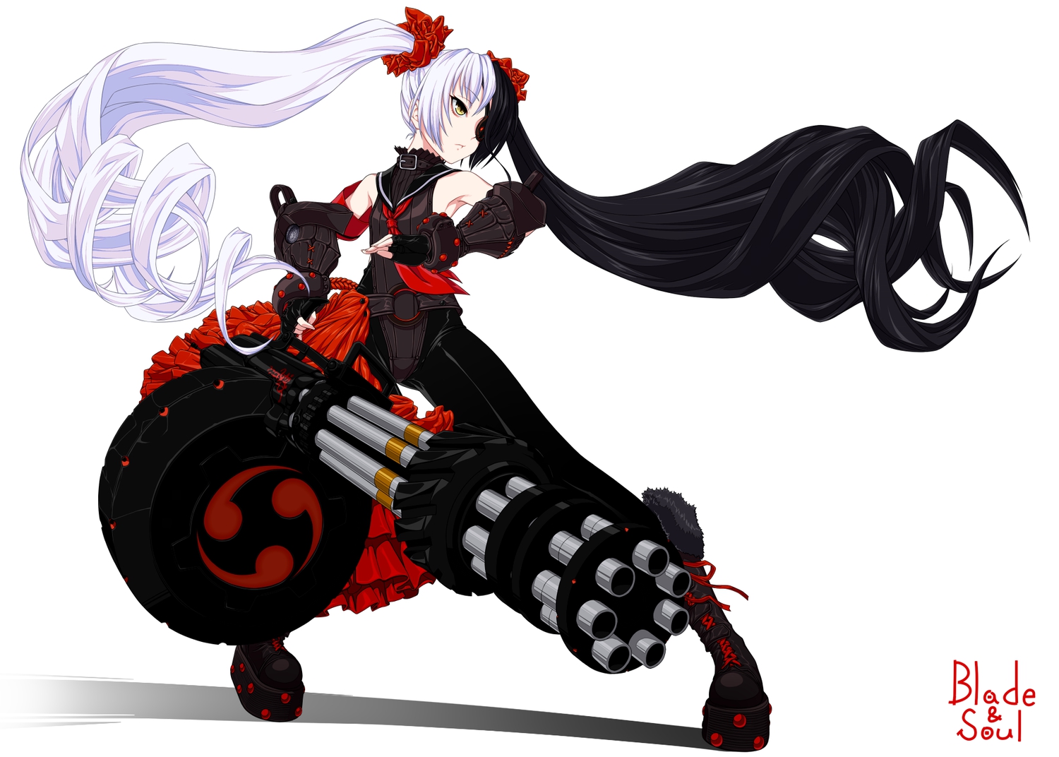 black_hair, blade_&_soul, boots, eyepatch, gloves, gun, long_hair, po_hwa_ran, tokitaka_(amaterath), twintails, weapon, white_hair, yellow_eyes