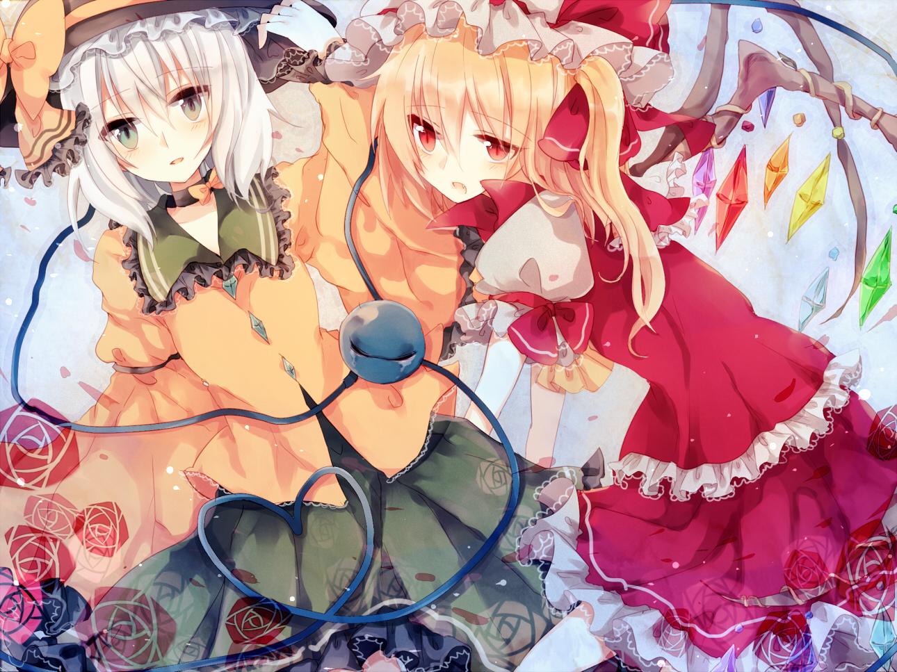 2girls, blonde_hair, bow, dress, flandre_scarlet, flowers, gray_eyes, gray_hair