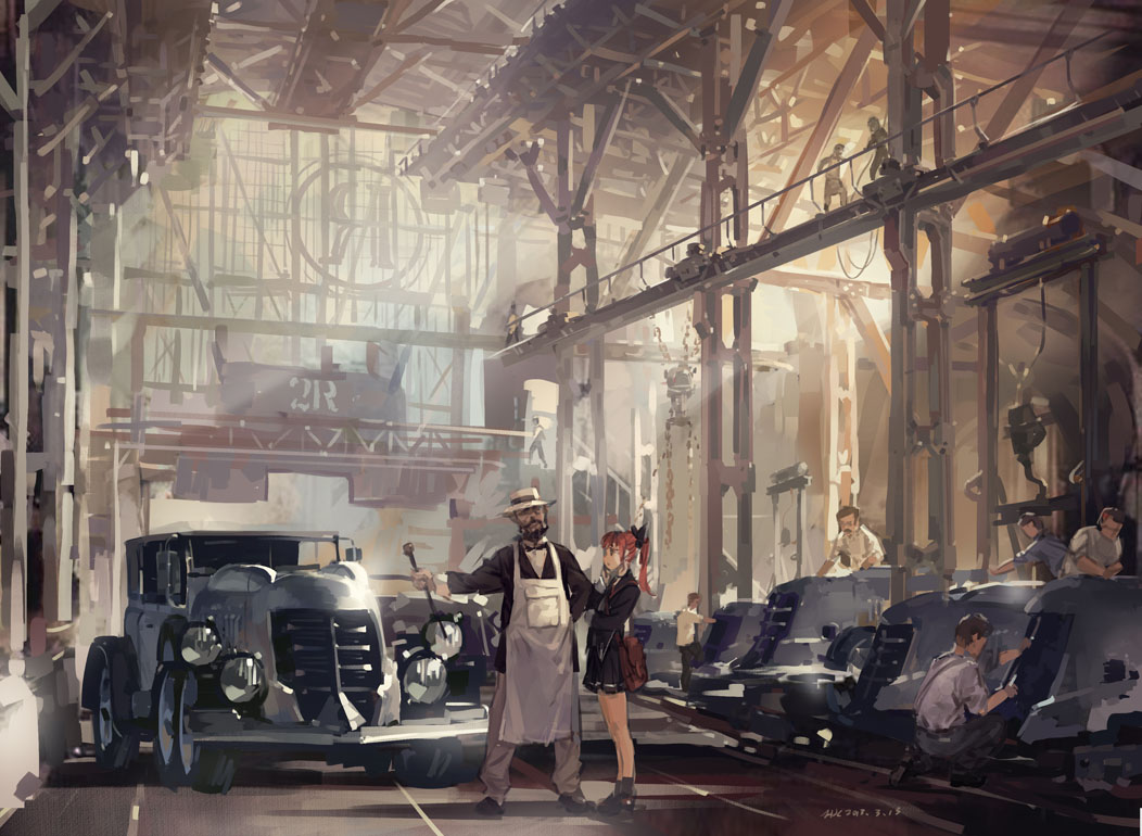 apron, brown_hair, car, hat, hjl, original, pixiv_fantasia, red_hair