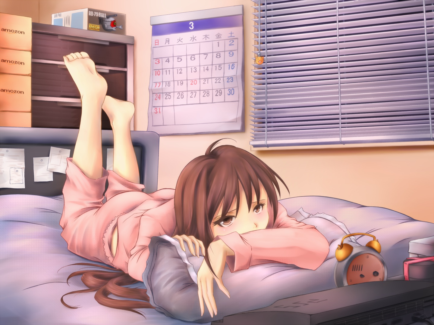 barefoot, bed, brown_eyes, brown_hair, long_hair, pajamas, taka
