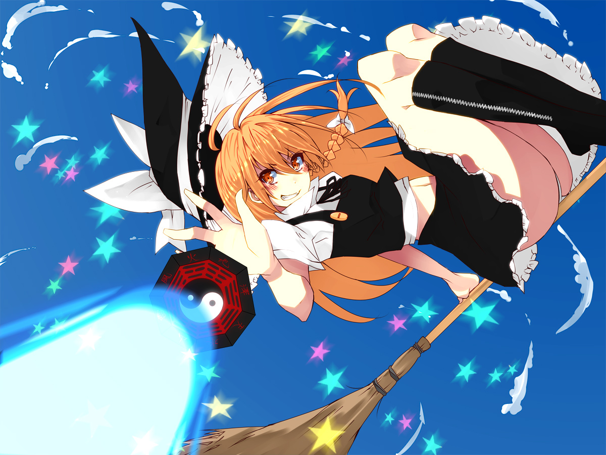 boots, bow, braids, hat, jont, kirisame_marisa, orange_eyes, orange_hair, skirt, sky, stars, touhou, witch