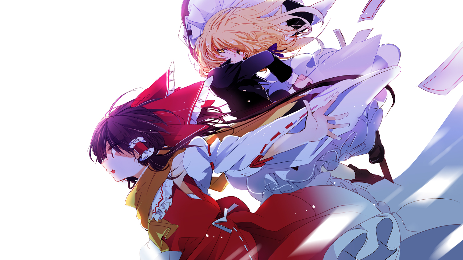 2girls, blonde_hair, bow, brown_hair, dress, hakurei_reimu, hat, japanese_clothes, kirisame_marisa, miko, ofuda, poprication, red_eyes, scarf, skirt, touhou, witch, yellow_eyes