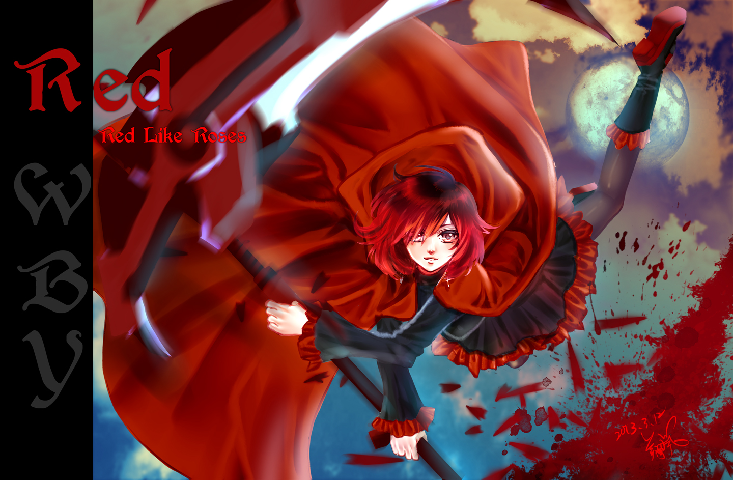 blood, boots, dress, moon, pantyhose, red_eyes, red_hair, ruby_rose, rwby, scythe, signed, steelgarden, weapon
