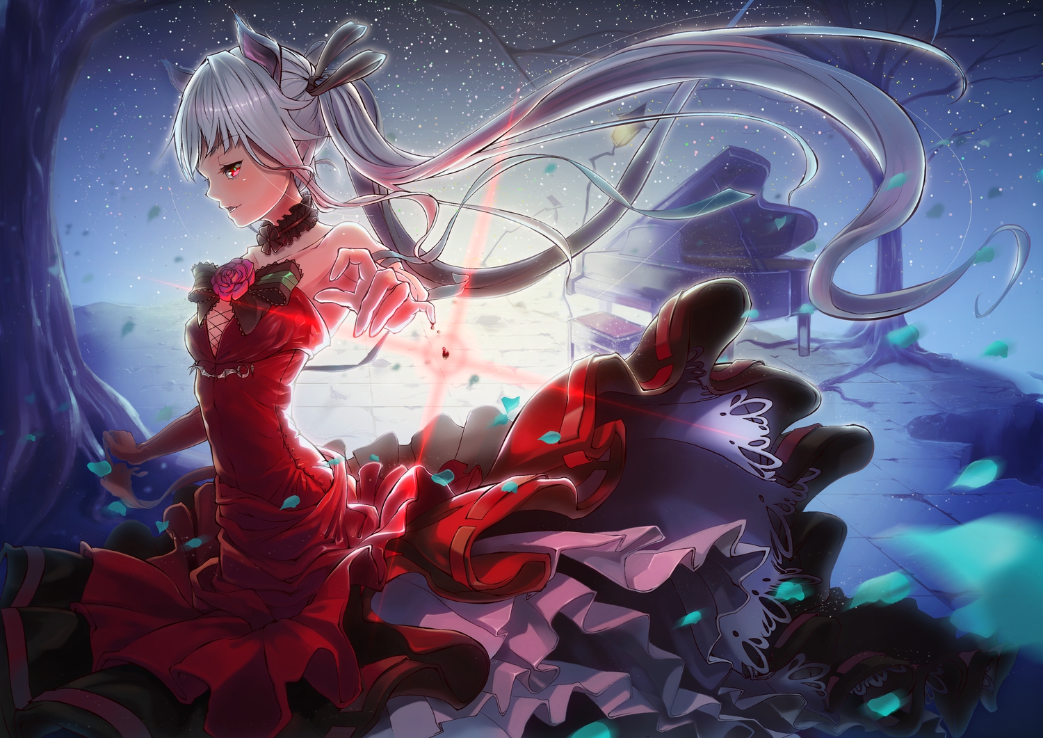 aliasing, animal_ears, bishoujo_mangekyou, blood, bow, dress, elbow_gloves, flowers, fukurou_(suga0930), gloves, instrument, kagarino_kirie, long_hair, night, petals, piano, red_eyes, ribbons, rose, tree, vampire, white_hair