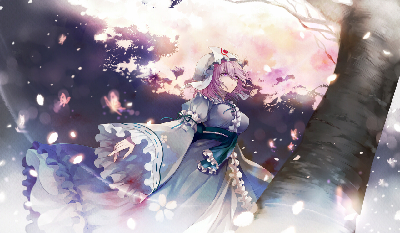 butterfly, cherry_blossoms, dress, flowers, harano, hat, petals, pink_eyes