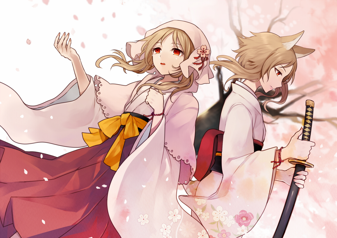 animal_ears, brown_hair, cherry_blossoms, flowers, harano, hat, japanese_clothes, katana, kimono, ooka_miko, petals, red_eyes, sword, tears, utau, weapon