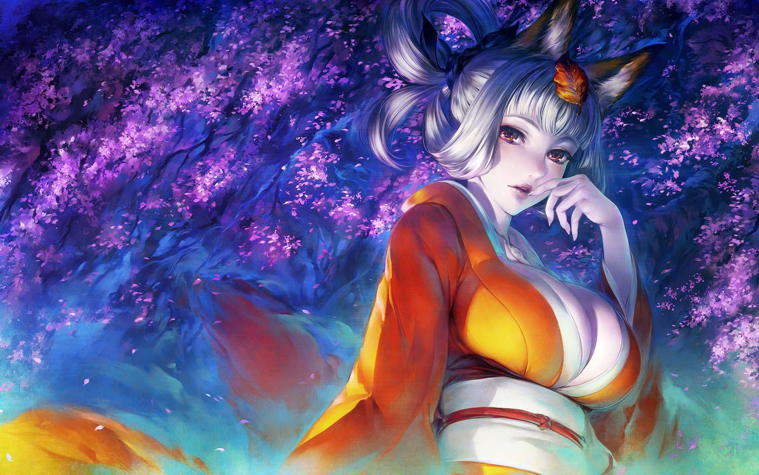 animal_ears, breasts, cherry_blossoms, cleavage, flowers, gray_hair, japanese_clothes, kimono, kongiku, oboro_muramasa, petals, simosi