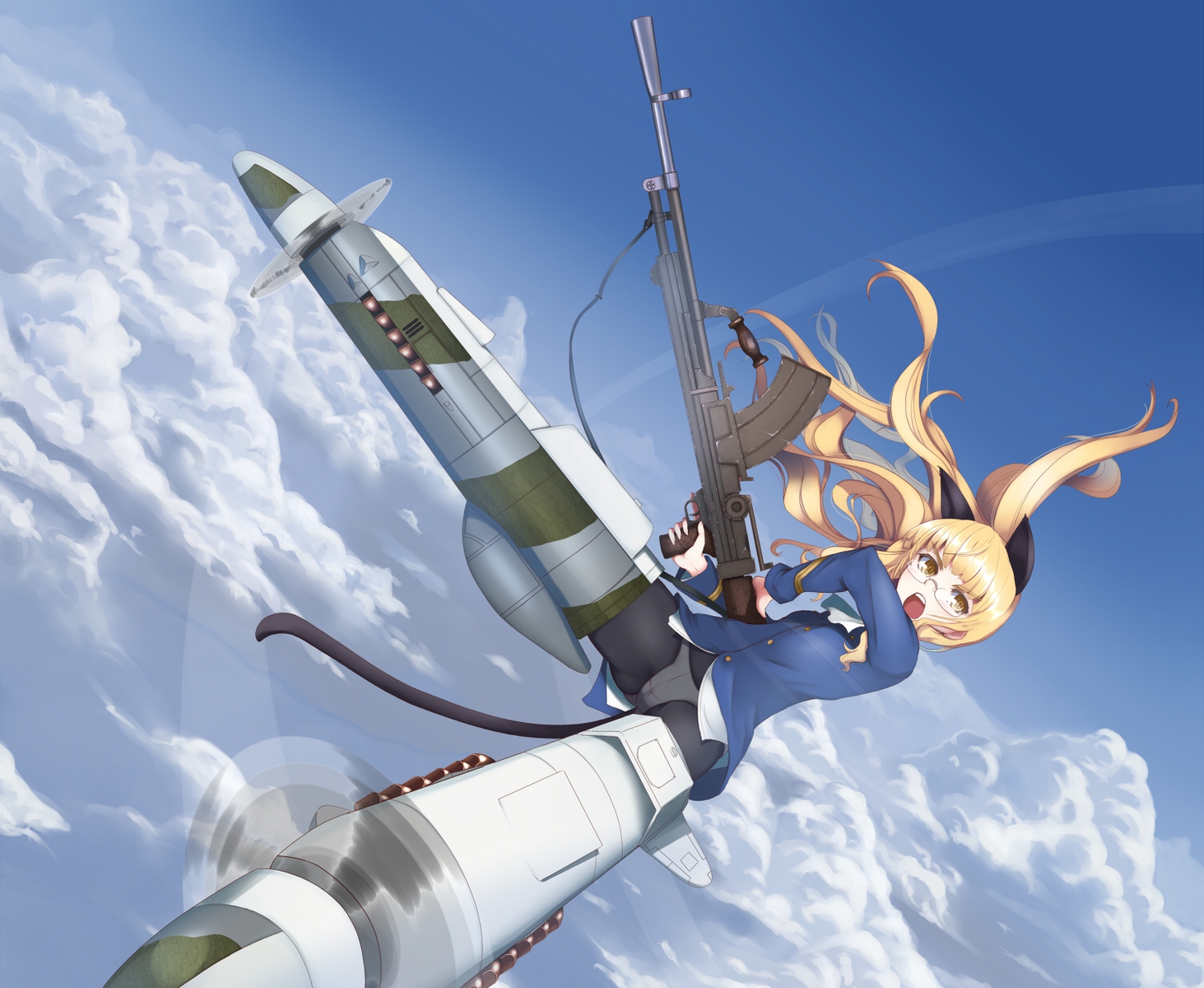 animal_ears, blonde_hair, clouds, gun, panties, perrine-h_clostermann, shiro-inu, sky, strike_witches, underwear, weapon