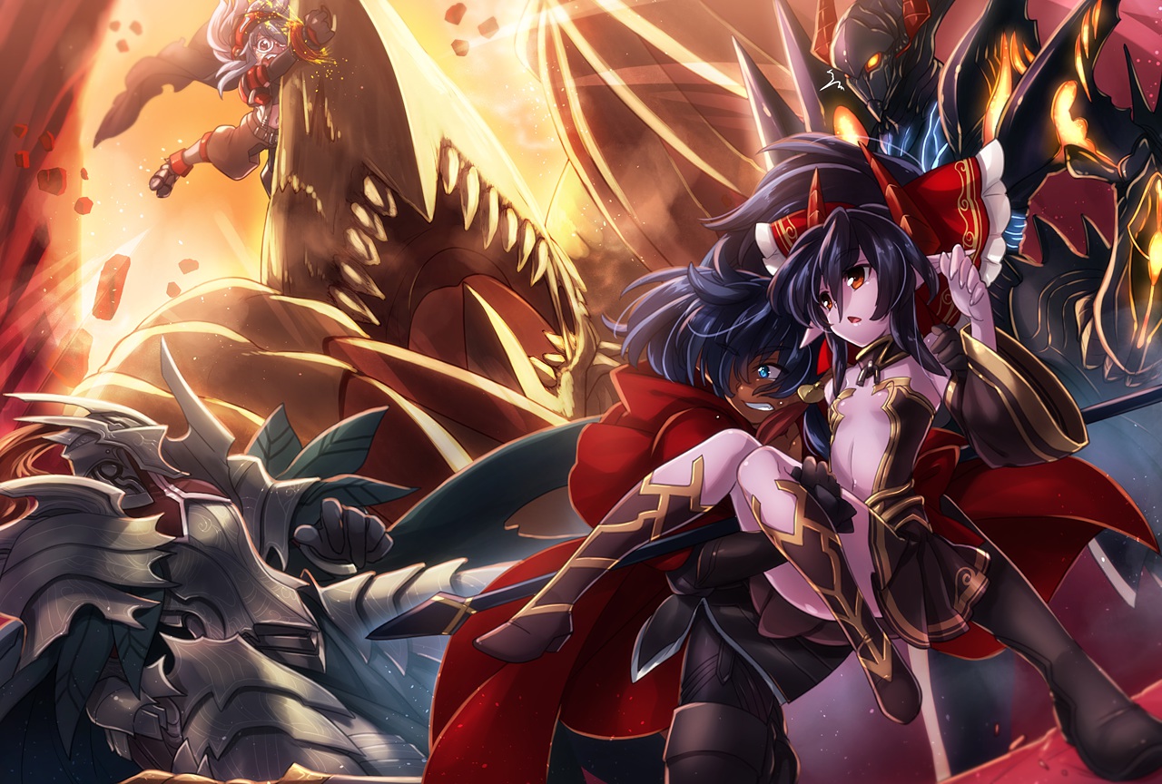 armor, black_hair, blue_eyes, blue_hair, boots, brown_eyes, collar, gray_hair, hazuki_gean, male, orange_eyes, original, pixiv_fantasia, pointed_ears, spear, weapon