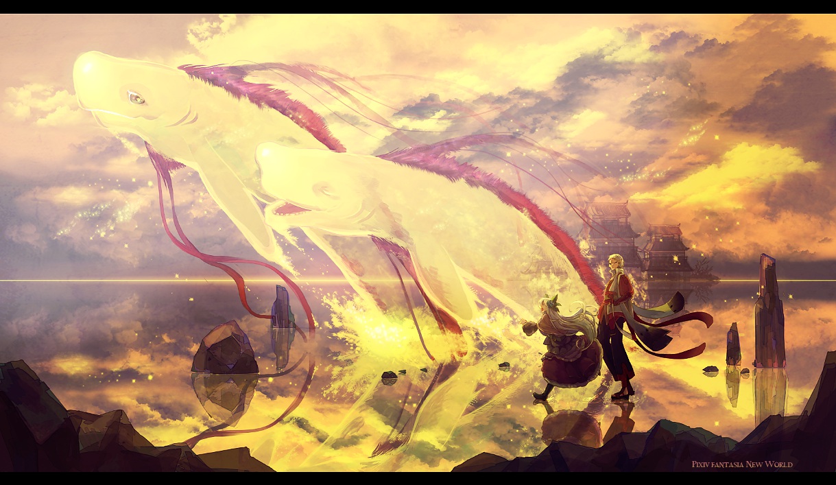animal, blonde_hair, clouds, dress, long_hair, mepo_(raven0), original, pixiv_fantasia, short_hair, sunset, water, white_hair