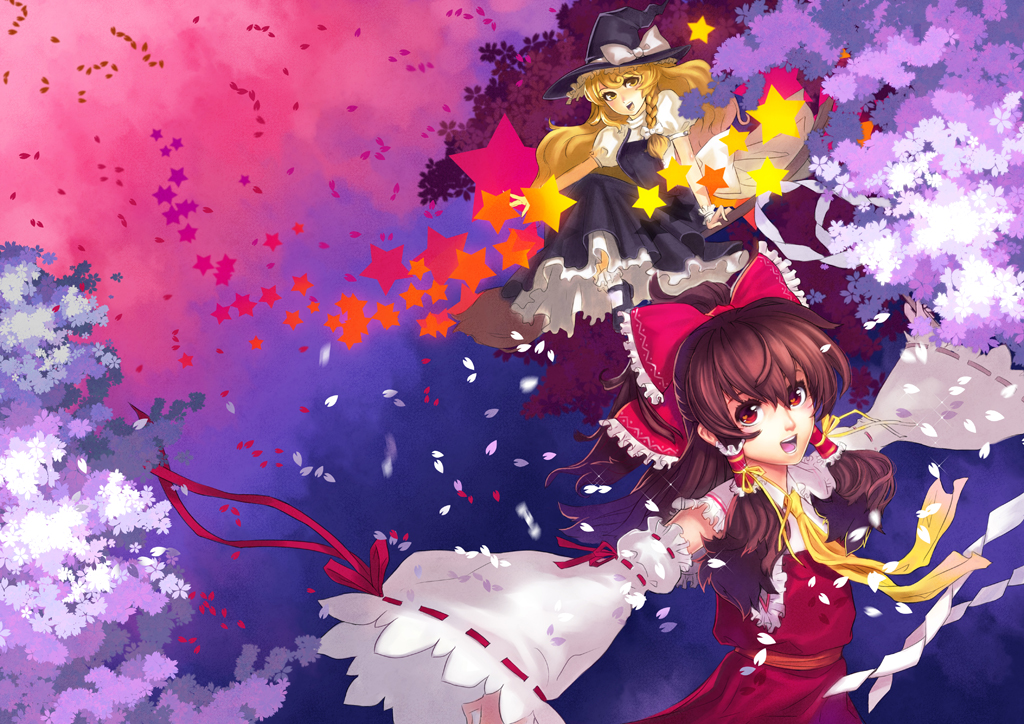 2girls, hakurei_reimu, japanese_clothes, kirisame_marisa, miko, petals, stars, touhou