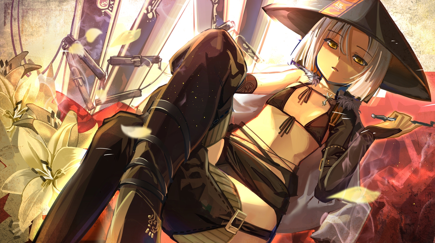 bikini_top, boots, dark_skin, flat_chest, flowers, fujita_(condor), hat, original