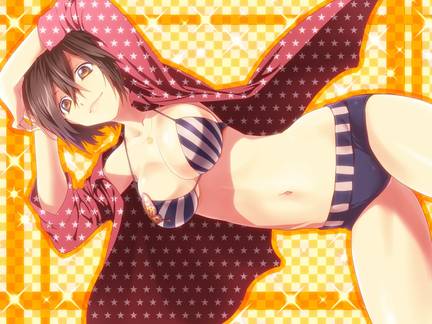 bikini, breasts, brown_eyes, brown_hair, cleavage, meiko, navel, oumi_sanaka, short_hair, swimsuit, vocaloid