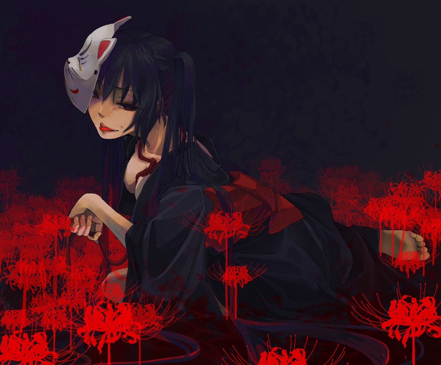 black_hair, flowers, hatsune_miku, japanese_clothes, kankaru_(hnaho), mask, musunde_hiraite_rasetsu_to_mukuro_(vocaloid), twintails