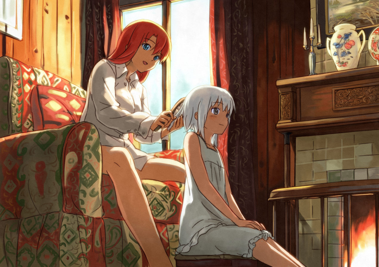 2girls, hong_meiling, izayoi_sakuya, red_hair, shiba_murashouji, short_hair, touhou, white_hair