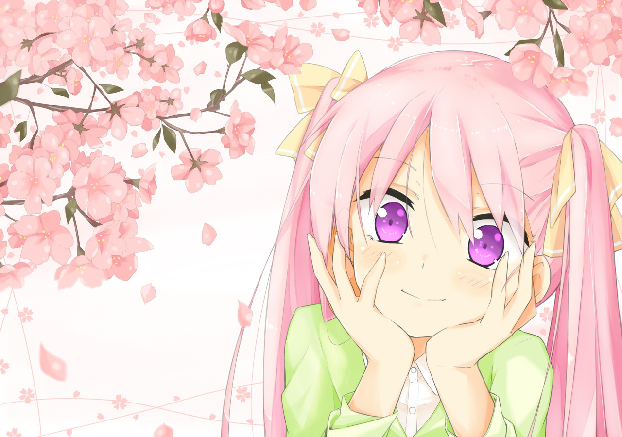 cherry_blossoms, flowers, hatsune_miku, kitsune_(scaz), petals, pink_hair, purple_eyes, sakura_miku, twintails, vocaloid