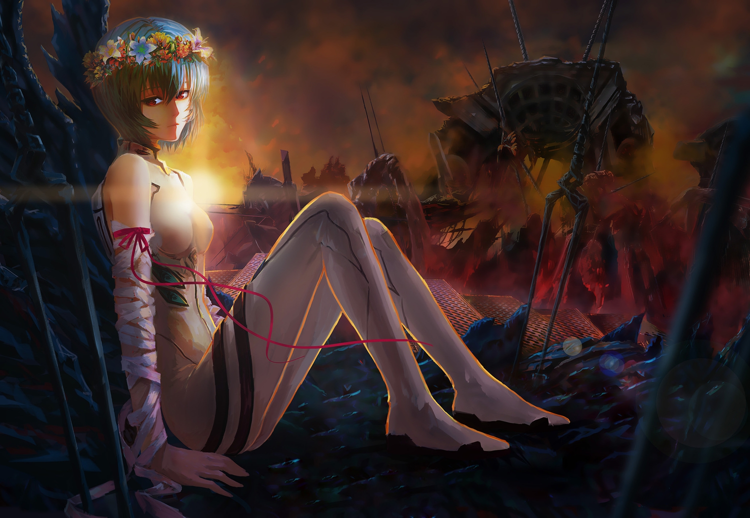 ayanami_rei, bandage, blue_hair, bodysuit, flowers, green_hair, headdress, heiyuen, jpeg_artifacts, neon_genesis_evangelion, red_eyes, ribbons, ruins, short_hair, skintight, spear, weapon