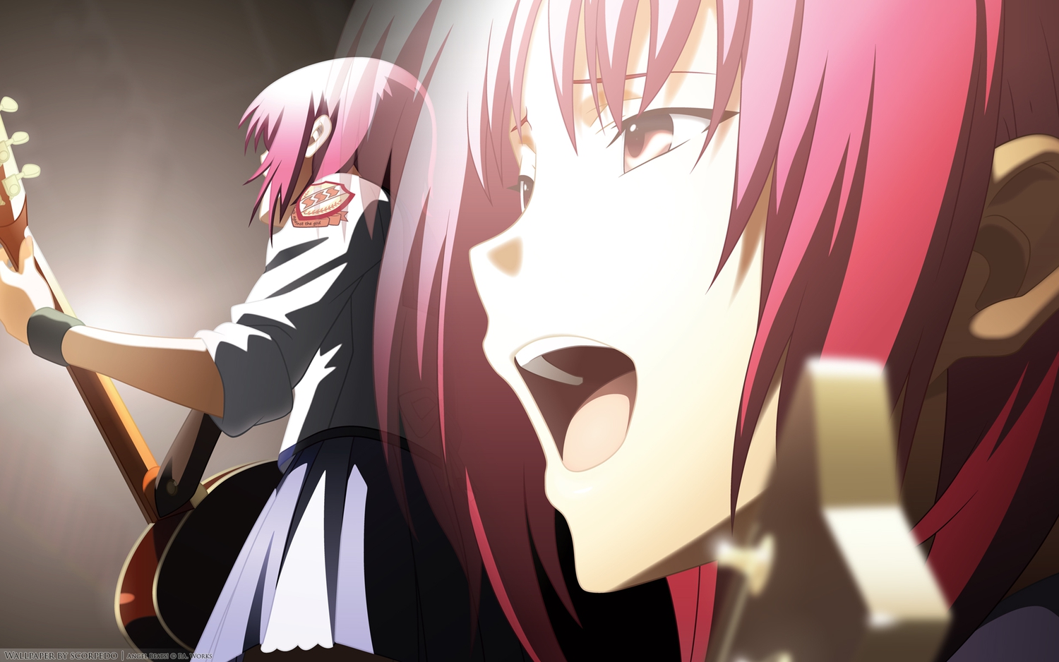 angel_beats!, guitar, instrument, iwasawa_masami, pink_hair, school_uniform