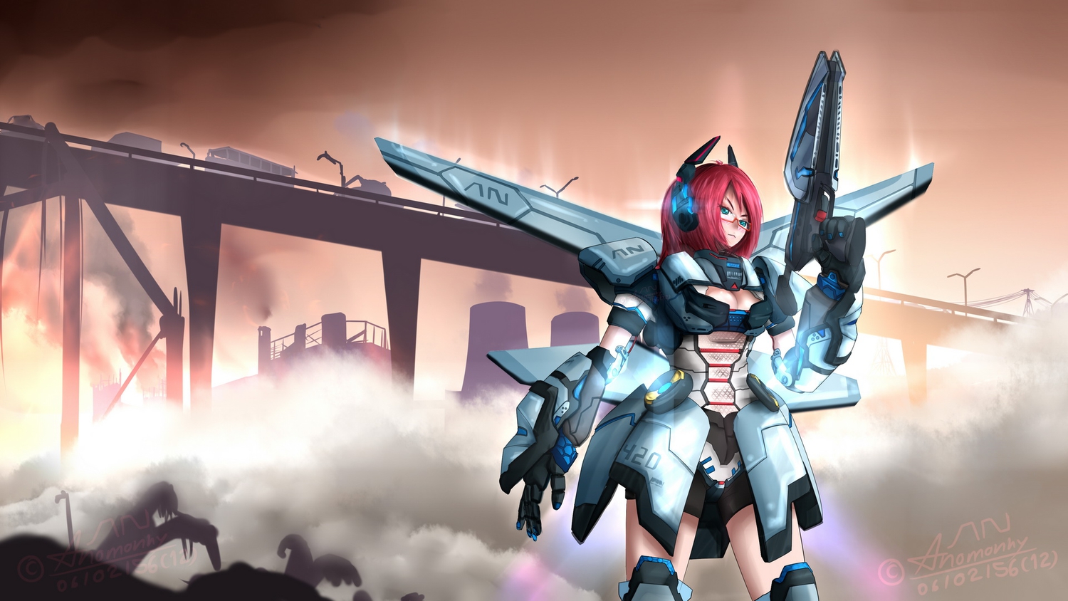 anomonny, armor, glasses, gun, mecha, phantasy_star_online, signed, weapon, wings