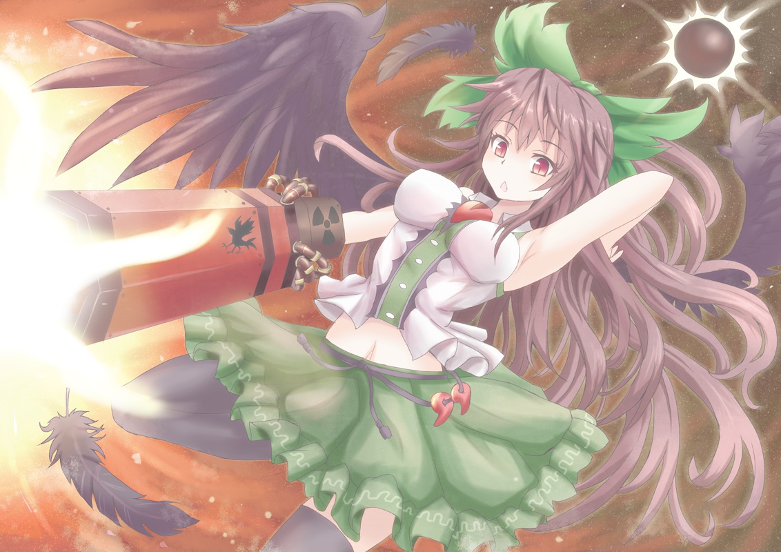 black_hair, long_hair, navel, red_eyes, reiuji_utsuho, sumapan, thighhighs, touhou, weapon, wings