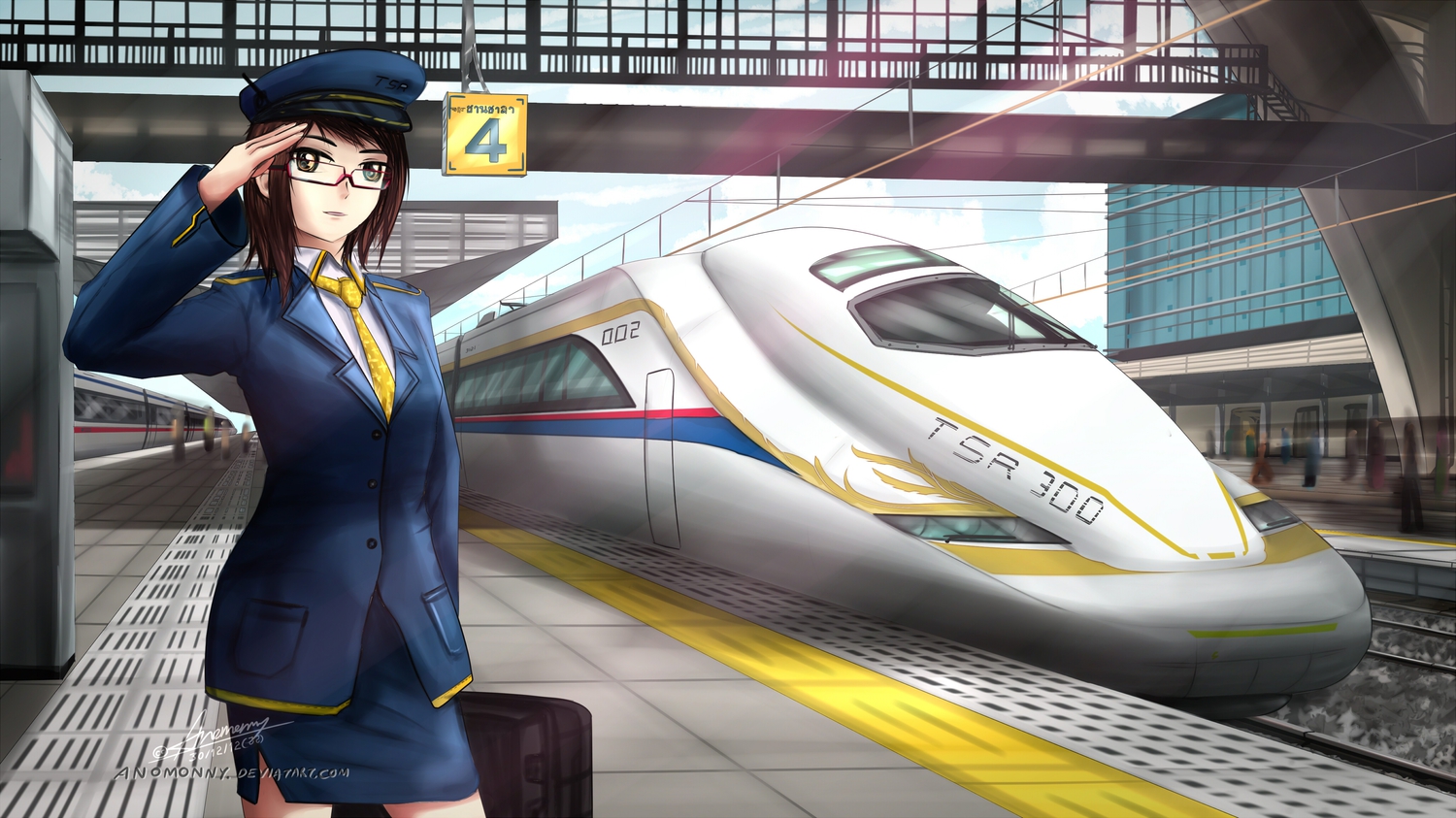 anomonny, brown_eyes, brown_hair, glasses, signed, train, uniform
