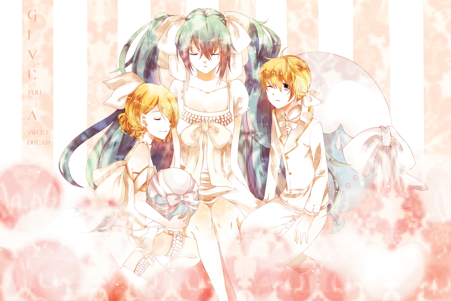 ball, dress, ginaliy, hatsune_miku, kagamine_len, kagamine_rin, male, stockings, vocaloid
