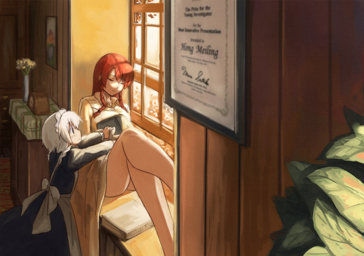 book, hong_meiling, izayoi_sakuya, maid, shiba_murashouji, sleeping, touhou