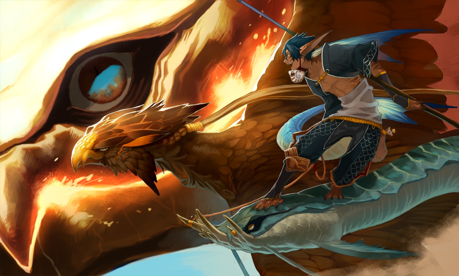 animal, bird, blue_hair, dragon, original, pixiv_fantasia, pointed_ears, short_hair, spear, tail, weapon, wings, yuzu_shio
