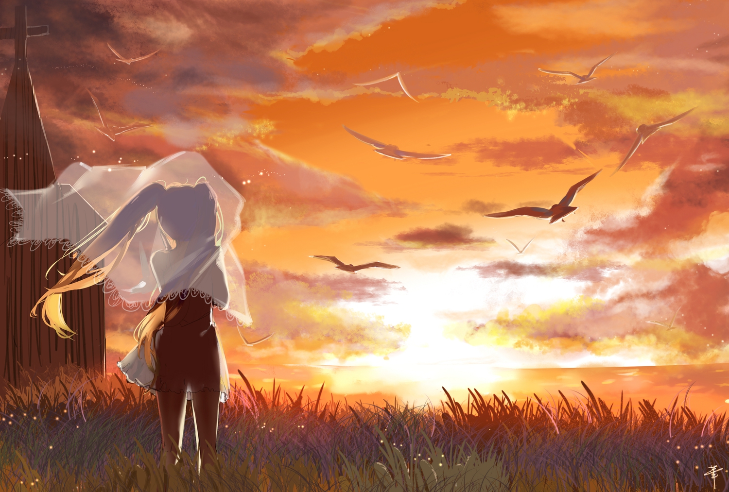 animal, bird, clouds, cross, dress, grass, hatsune_miku, see_through, signed, sky, sunset, twintails, vocaloid, xuehua
