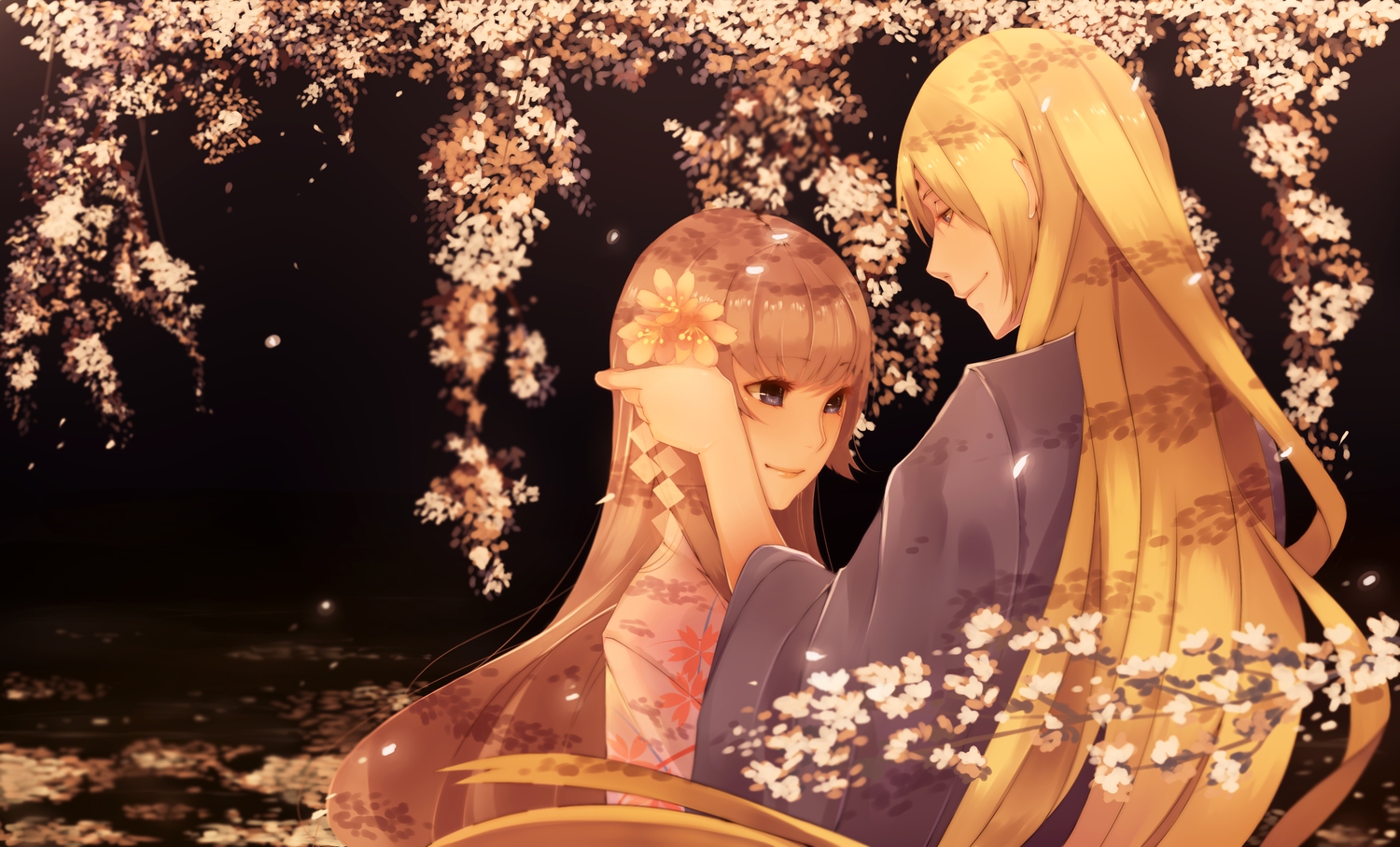 blonde_hair, blue_eyes, brown_hair, flowers, japanese_clothes, kimono, long_hair, male, orichie, original, tree