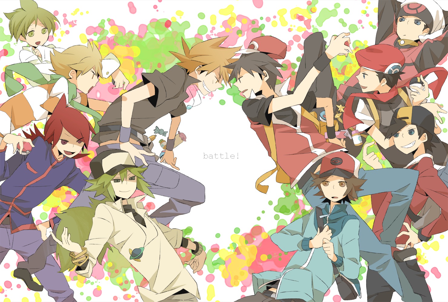 all_male, black_hair, blonde_hair, brown_hair, green_hair, hat, hibiki, jun_(pokemon), kinari, kouki_(pokemon), male, mitsuru_(pokemon), n, ookido_green, pokemon, red_hair, red_(pokemon), silver, touya_(pokemon), yuuki_(pokemon)