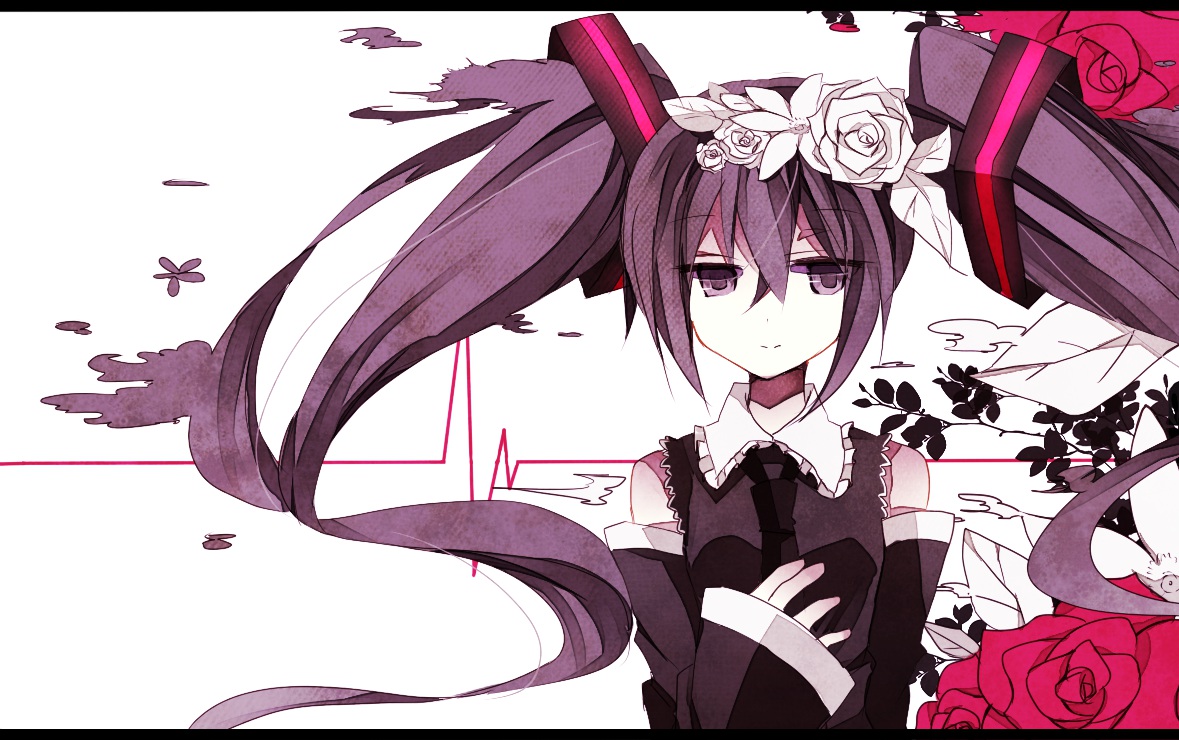 black_eyes, black_hair, flowers, hatsune_miku, nisoku_hokou_(vocaloid), rose, tie, twintails