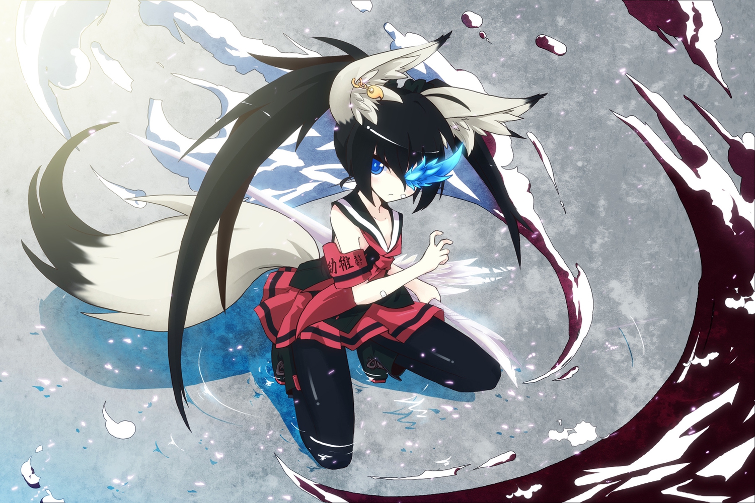 animal_ears, black_hair, black_rock_shooter, blade_&_soul, blue_eyes, clouds, cosplay, parody, tail, uiu, water