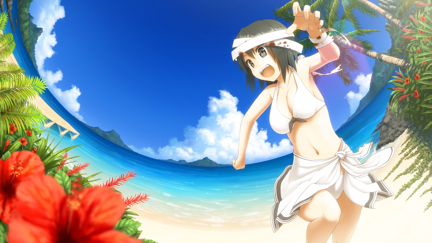 bandage, beach, bikini, black_hair, blood, clouds, flowers, sakais3211