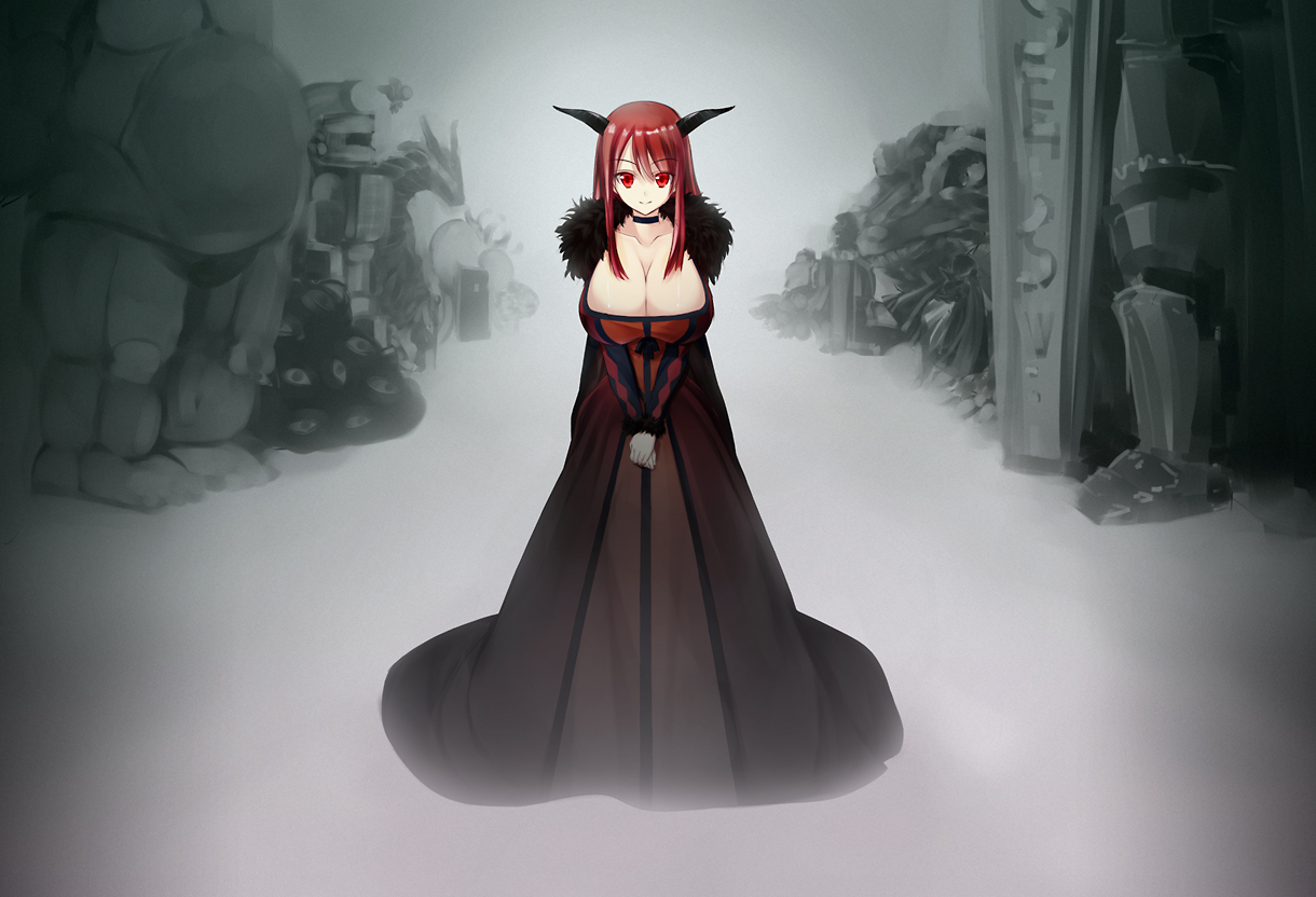 breasts, cleavage, dress, horns, lo_(rogu_ryouiki), maou_(maoyuu), maoyuu_maou_yuusha, red_eyes, red_hair