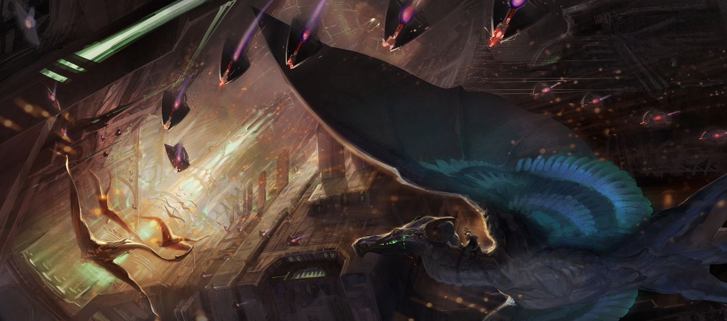 aircraft, building, dragon, original, pixiv_fantasia, scenic, yuuki_youichi