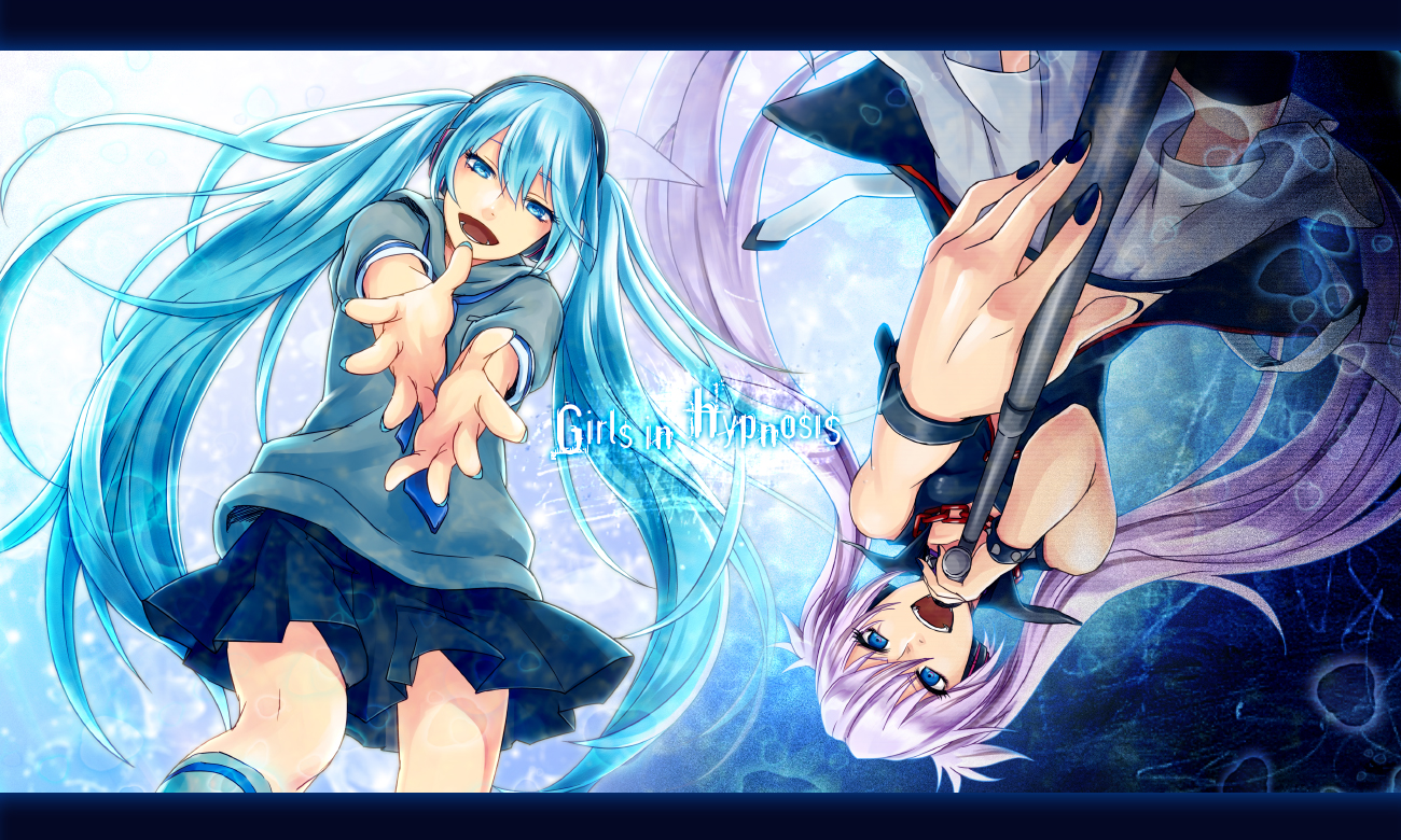 2girls, aqua_eyes, aqua_hair, hagane_miku, hatsune_miku, long_hair, microphone, momopanda
