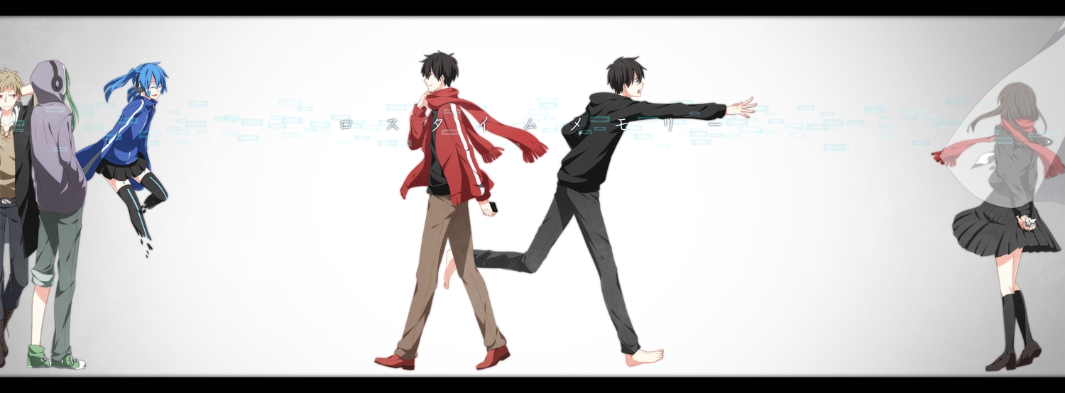 barefoot, black_hair, blonde_hair, blue_hair, ene_(kagerou_project), green_hair, headphones, kagerou_project