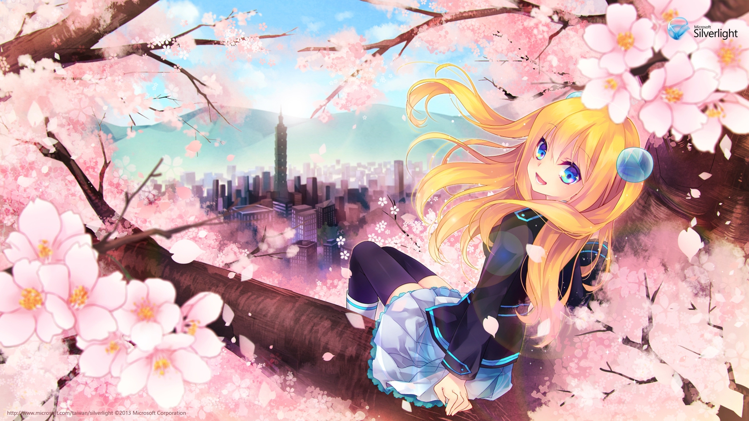 aizawa_hikaru, aqua_eyes, blonde_hair, boots, building, cherry_blossoms, city, clouds