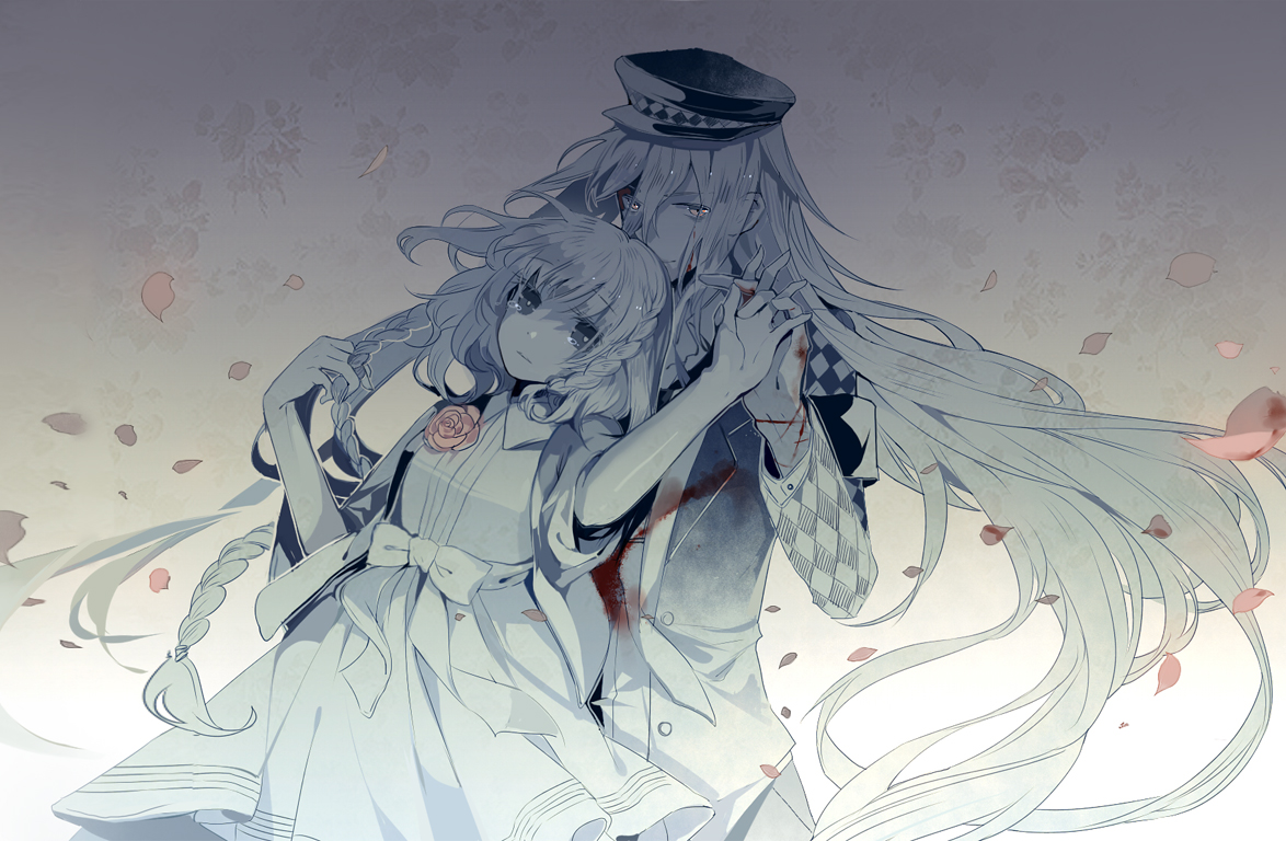 amnesia, blood, dhiea, dress, flowers, hat, heroine_(amnesia), long_hair, petals, ribbons, short_hair, tears, ukyo_(amnesia)