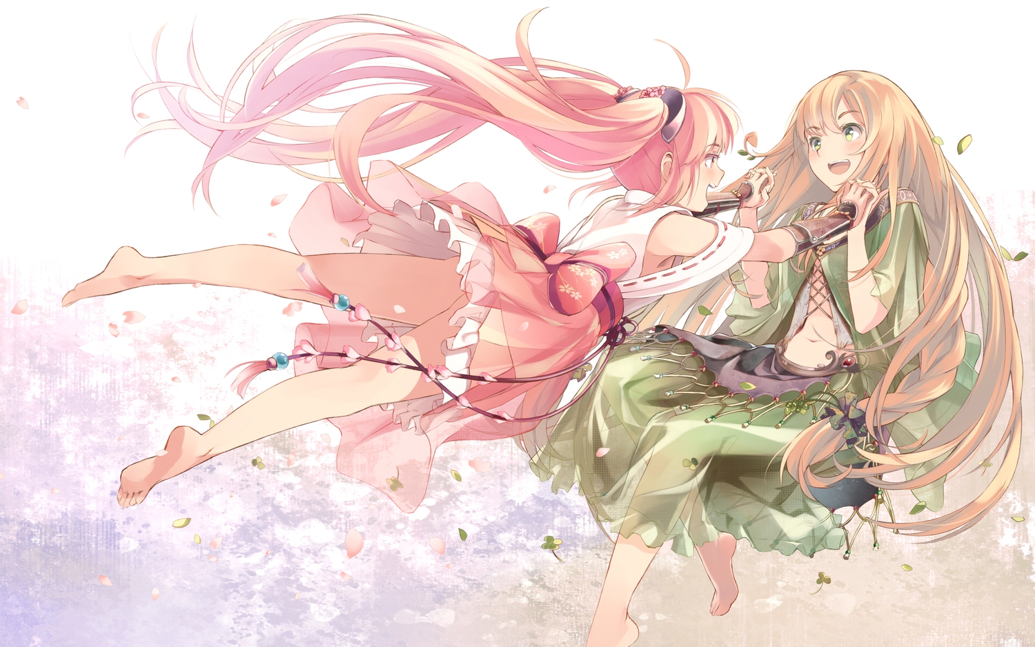 2girls, barefoot, blonde_hair, blush, bow, green_eyes, long_hair, original