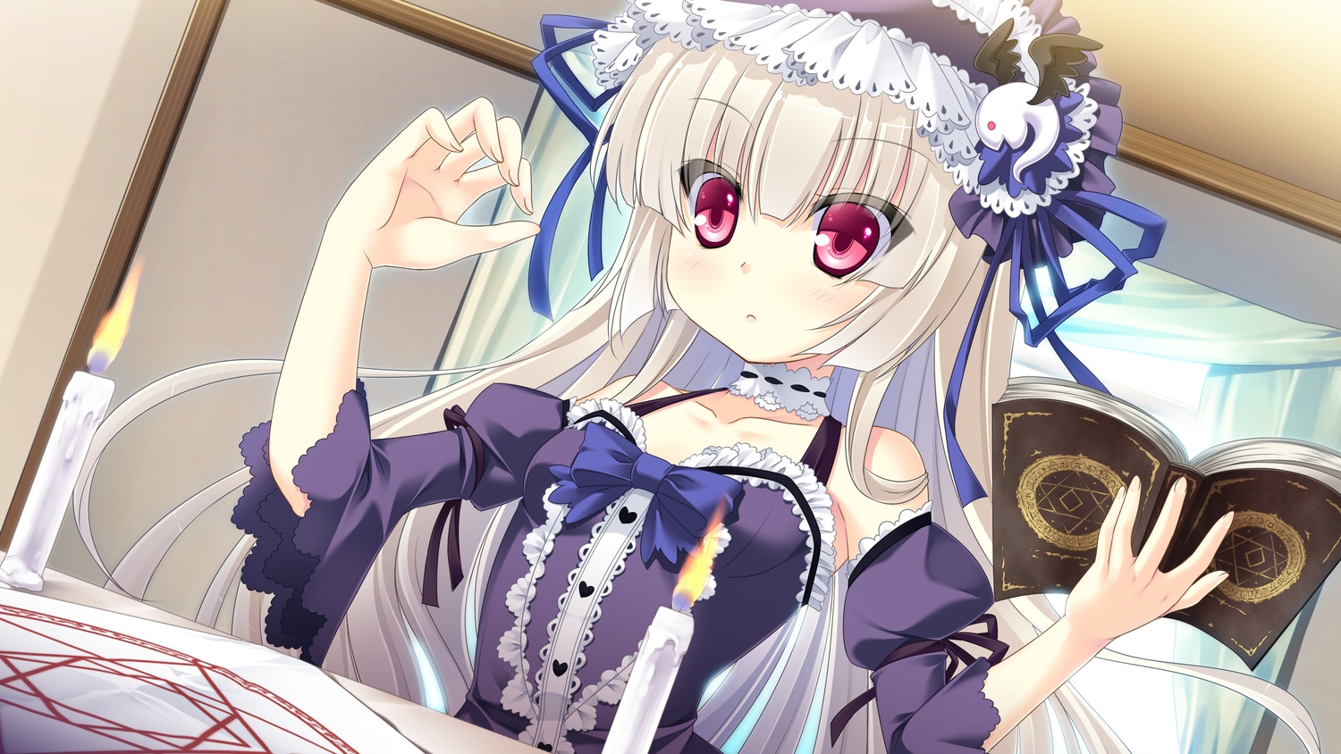 book, dress, game_cg, iina_turunen_omiya, long_hair, otama!_otaku_nakama_wa_chikkoi_mania, red_eyes, tagme_(artist)