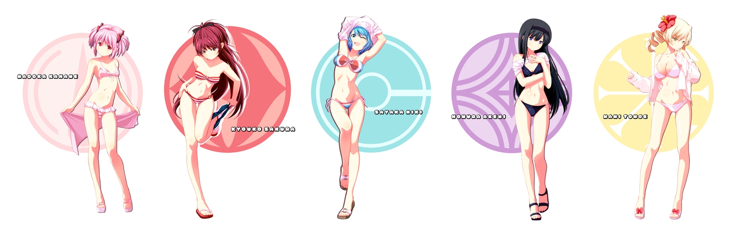 akemi_homura, bikini, black_hair, blonde_hair, blue_eyes, blue_hair, blush, breasts, cleavage, flat_chest, kaname_madoka, long_hair, mahou_shoujo_madoka_magica, miki_sayaka, navel, pink_eyes, pink_hair, red_eyes, red_hair, sakura_kyouko, short_hair, swimsuit, tomoe_mami, tsukumo, undressing, wink