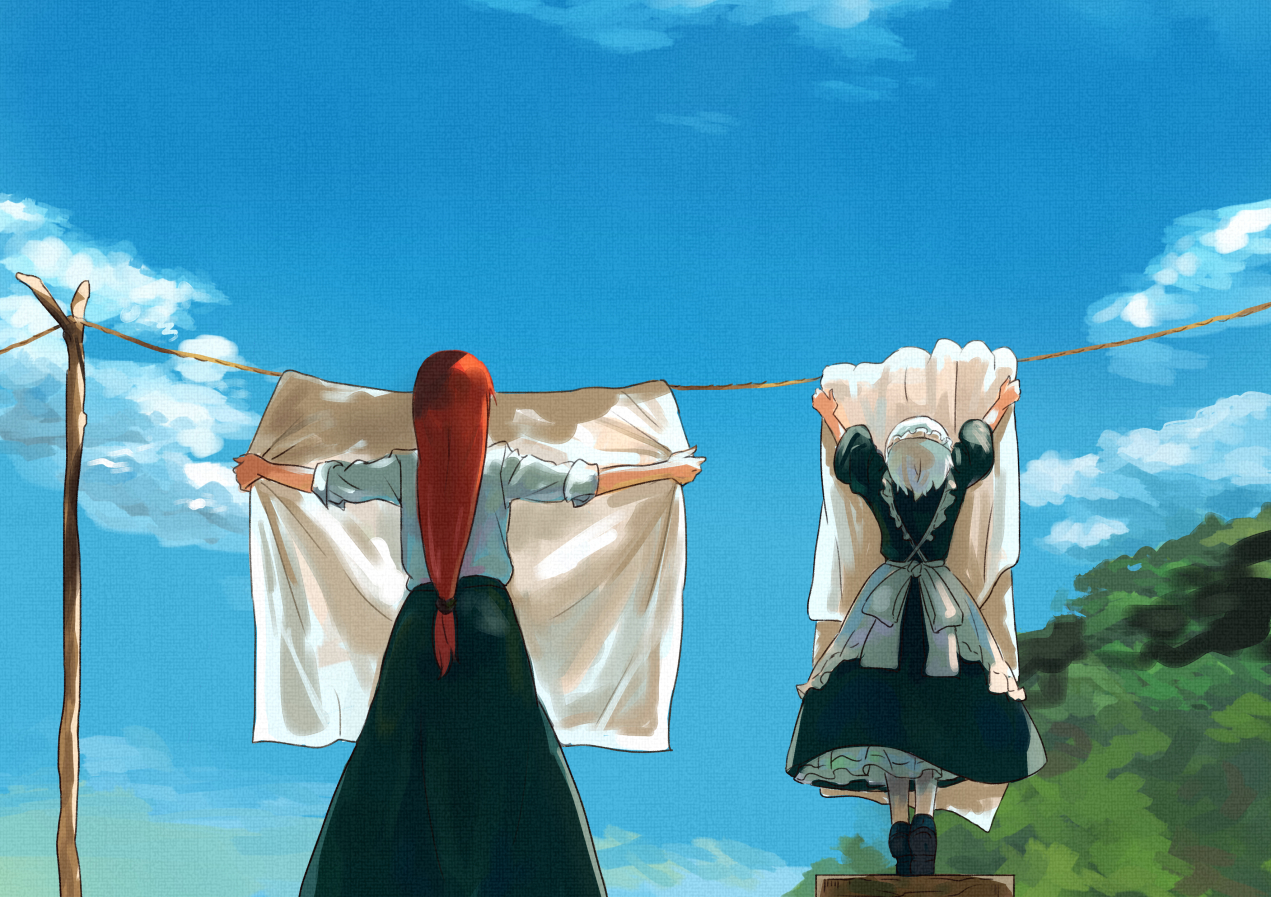 2girls, clouds, hong_meiling, izayoi_sakuya, maid, shiba_murashouji, sky, touhou