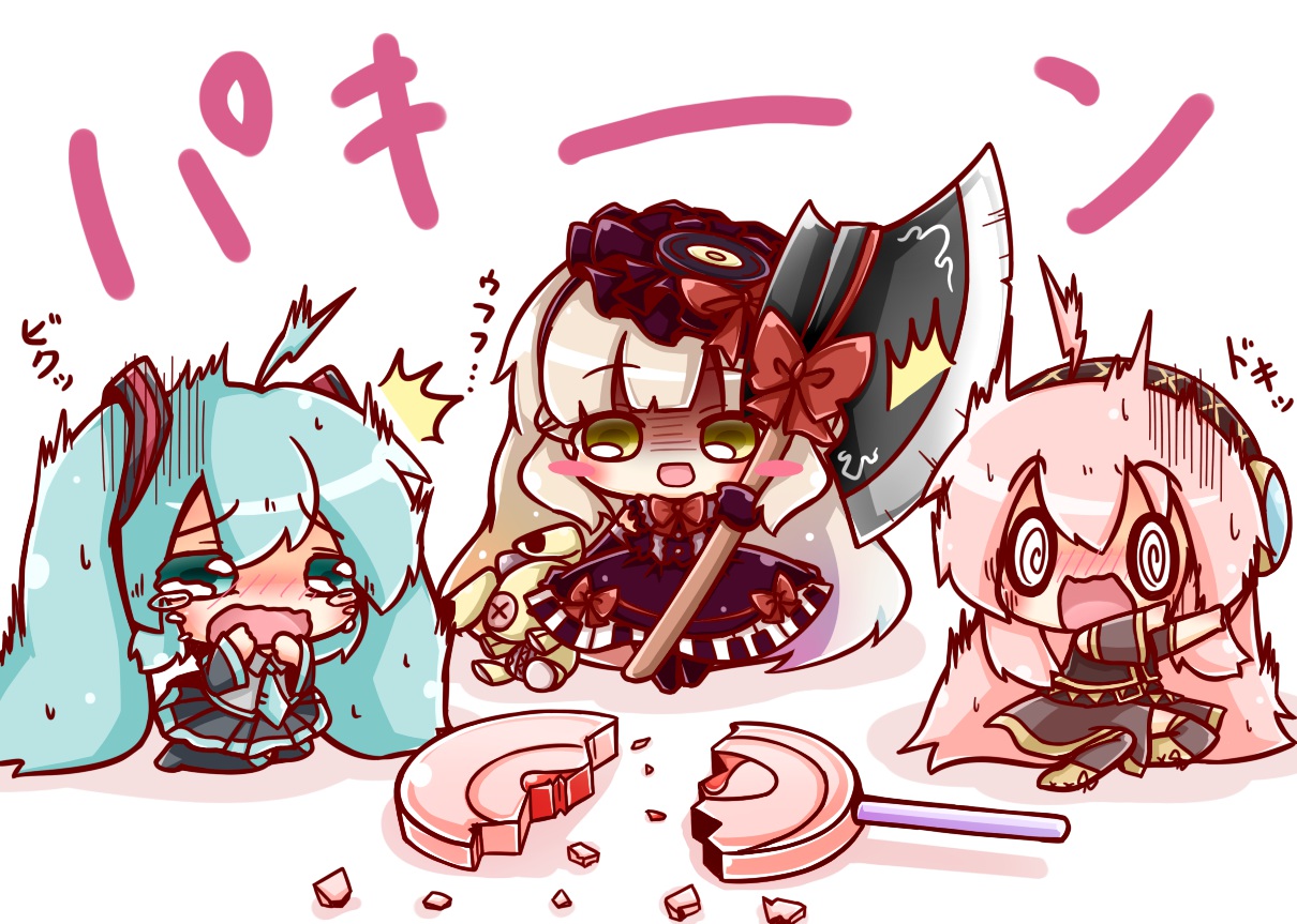 candy, hatsune_miku, mayu_(vocaloid), megurine_luka, ritateo, tears, vocaloid